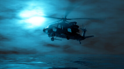 Fototapeta na wymiar helicopter flying in the fog in blue lighting