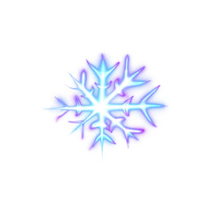 Blue glowing transparent snowflake, isolated icon. Merry Christmas and Happy New Year. Simple neon light. Shining winter, xmas lamp. Fluorescent, luminescent illumination. Png