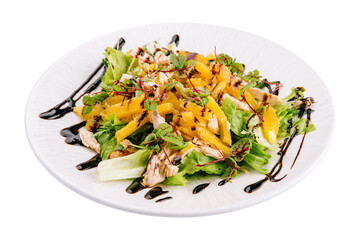 lettuce salad with chicken meat and orange slices