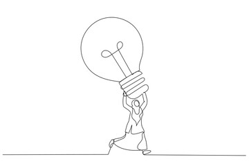 Cartoon of excited muslim businesswoman carrying big lightbulb idea running to invent new product. Big idea. Single continuous line art style