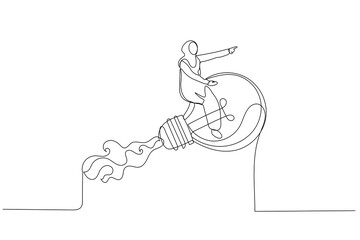 Cartoon of muslim businesswoman leader riding flying bright lightbulb lamp with rocket booster in the cloud sky. Creative new idea. Single line art style
