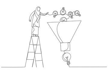 Fototapeta na wymiar Illustration of muslim businesswoman help put small lightbulb in funnel to get final idea. Idea funnel. One line art style