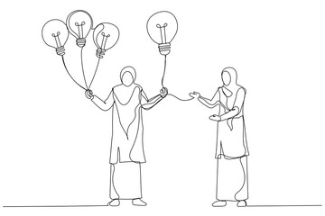 Drawing of muslim businesswoman giving lightbulb idea to young employee. Mentor give an advice. Single continuous line art style