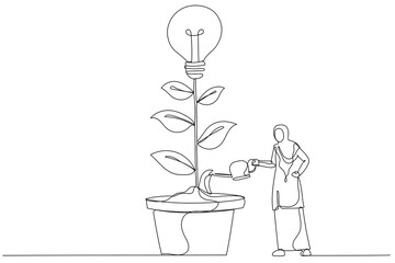 Cartoon of muslim businesswoman watering growing tree with lightbulb. People working together. Single line art style