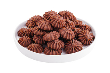 Stack of chocolate chip cookies on plate isolated
