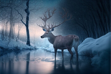 Deer in beautiful fairytale winter landscape