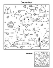 Gingerbread man dot-to-dot picture puzzle and coloring page. Answer included.
