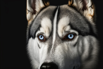 Close up on a husky dog eyes on black