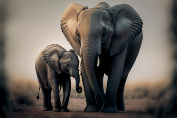 Fototapeta na wymiar Baby elephant strolling next to its mother