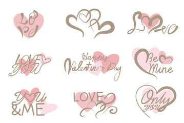 Set of Valentine and Love elements lettering. Decorative Calligraphy collection for Happy Valentine's day, anniversary design. Vector illustration.
