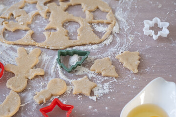 The hands of mom and daughter close-up cut out cookies from the dough with molds on a Christmas theme in the form of a snowman, a Christmas tree, stars