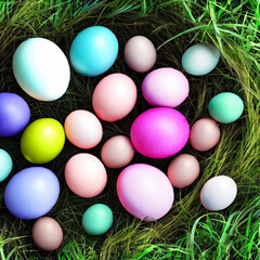 easter egg hunt, easter eggs in a nest on a green grass, easter card