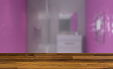Clean and fresh bathroom with natural light. 3D rendering.. Background with empty wooden table. Flooring.