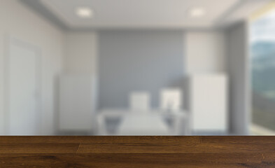 Modern office building interior. 3D rendering.. Background with empty wooden table. Flooring.