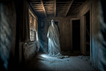 Creepy abandoned haunted house with spooky white cloth ghost, terrifying evil paranormal apparition.