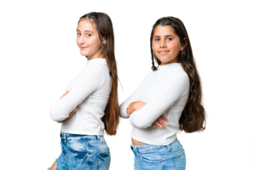 Friends girls holding gift and a birthday cake over isolated chroma key background keeping the arms crossed in lateral position while smiling