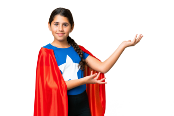 Super Hero girl over isolated chroma key background extending hands to the side for inviting to come
