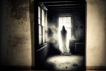 Creepy abandoned haunted house with spooky white cloth ghost, terrifying evil paranormal apparition.   - obrazy, fototapety, plakaty