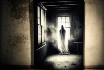 Fotobehang Creepy abandoned haunted house with spooky white cloth ghost, terrifying evil paranormal apparition.   © SoulMyst