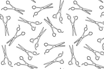 doodle pattern with hairdressers, beauty salon background, barbershop advertising banner on white background with black drawings