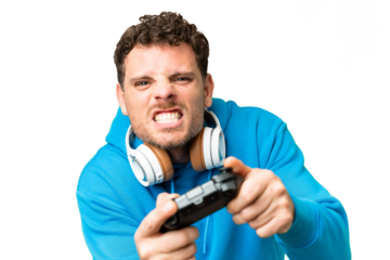 Brazilian man playing with a video game controller over isolated chroma key background