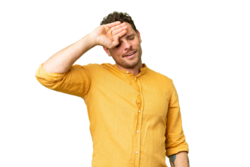 Brazilian man over isolated chroma key background with tired and sick expression