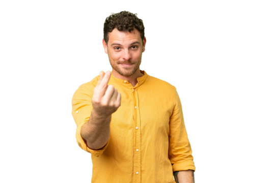 Brazilian man over isolated chroma key background making money gesture