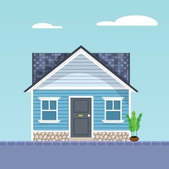 House flat vector icon. Home with vinyl siding panel and asphalt shingles. - 556273757