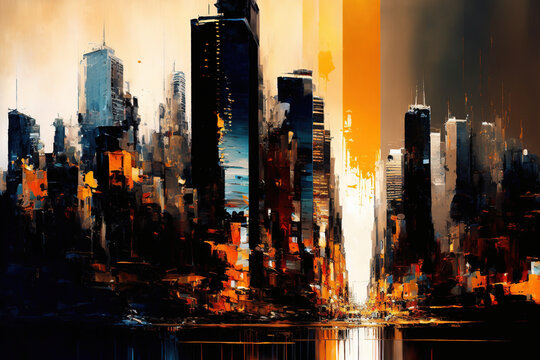 Atmospheric city skyline oil painting. AI