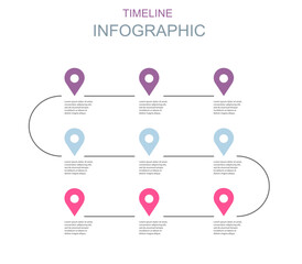 Timeline infographic template with 9 pointers. Can be used for brochures, business concepts, presentations, web designs, banners, diagrams, workflow, timelines. Vector eps 10