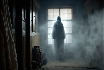Fototapeta na wymiar Creepy abandoned haunted house with spooky white cloth ghost, terrifying evil paranormal apparition. 