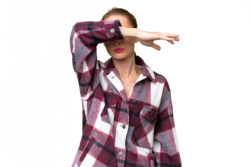 Young caucasian woman over isolated background covering eyes by hands