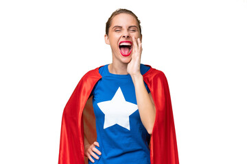 Super Hero caucasian woman over isolated background shouting with mouth wide open