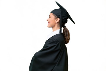Young university graduate  caucasian woman over isolated background in lateral position
