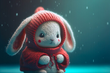 Obraz na płótnie Canvas A super cute rabbit wearing a sweater wearing a hat on a snowy background.