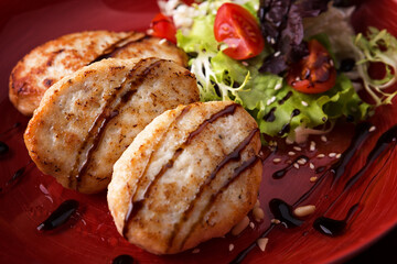 Steam cutlets with chicken on a plate with vegetables and salad