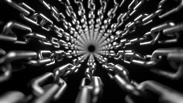 camera moves in a tunnel made of a metal chain. The concept is free. Get rid of weakness. Symbol of horror, dictatorship, terrania. Information censorship.