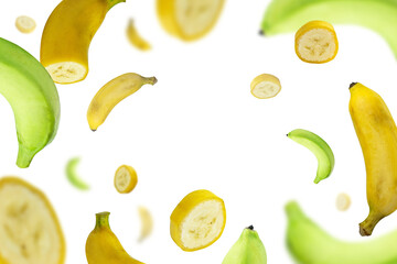Flying yellow and green bananas background (pieces and whole)