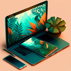 nature breaks out of the phone, tablet, laptop. Design, graphics. Image on tablet and phone side by side, graphics, graphic design. High quality illustration