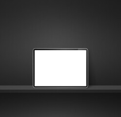 Digital tablet pc on black wall shelf. Square background banner