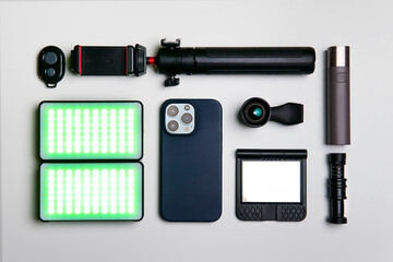 Equipment for shooting video on a smartphone. Microphone, LED lamp, tripod, lens smartphone are on a white table