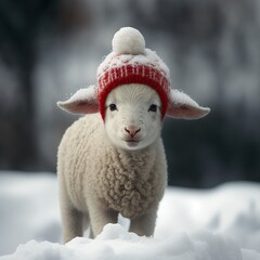 A super cute baby lamb wearing a Santa hat on a snowy background.