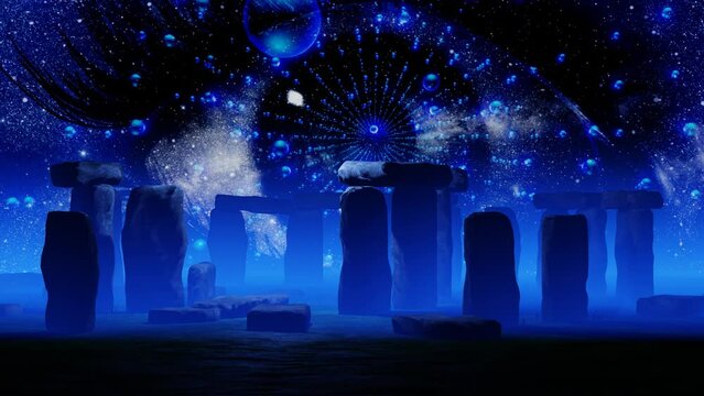Stonehenge in blue mist with the cosmic eye with stars in the sky and flying spheres tunnel