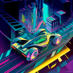 Neon racing car of the future rushes along the roads of the night city. Backlight, neon, isometry. High quality illustration