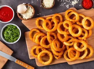 onion rings and ketchup on a table