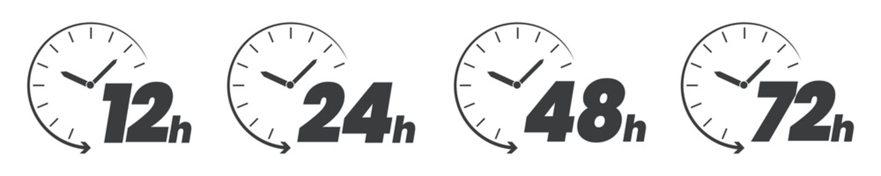 12, 24, 48 and 72 hours clock icon. 24 hours icon vector. Security Protection 24 hours. Flat Vector illustration. 