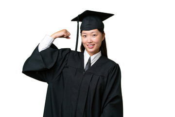 Young university graduate Asian woman over isolated background doing strong gesture