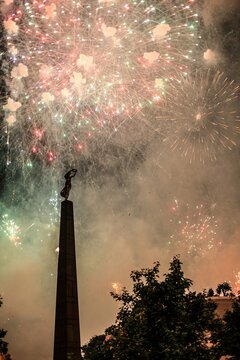 Luxembourg City, Luxembourg - 22 June 2012 - Fireworks for the Luxembourg National Holiday (Grand Duke's Birthday) Celebrations with the G&euml;lle Fra Monument in the Foreground (Author: Claus Cito)