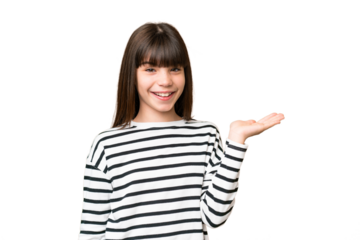 Little caucasian girl over isolated background holding copyspace imaginary on the palm to insert an ad
