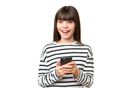 Little caucasian girl over isolated background surprised and sending a message